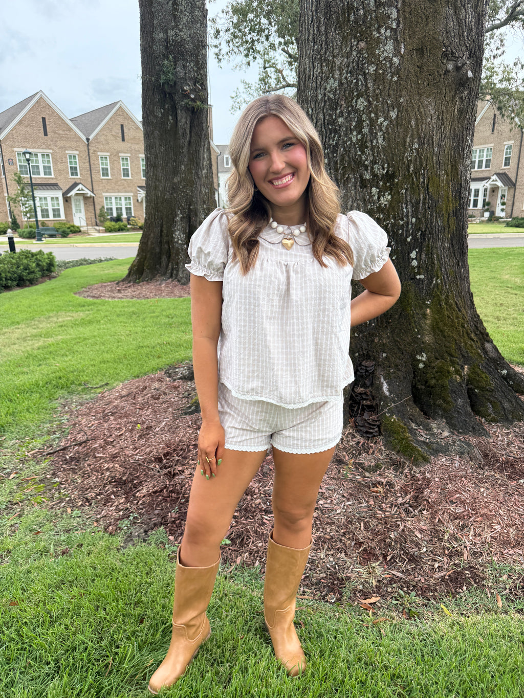 Cream Plaid Lace Set