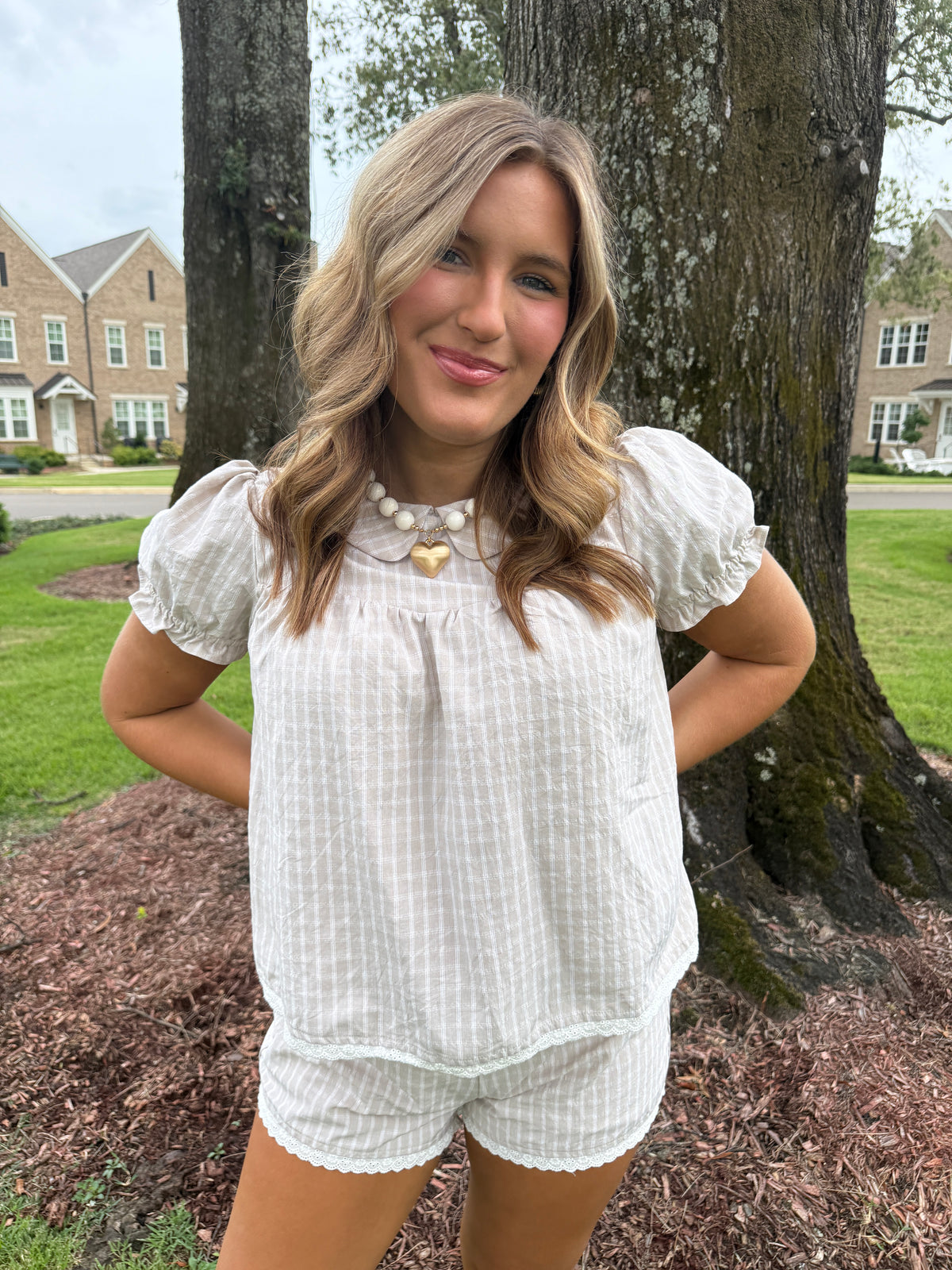 Cream Plaid Lace Set